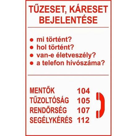 Tűz- és káreset bejelentése, után világítós tűzvédelmi öntapadós tábla TB-01808