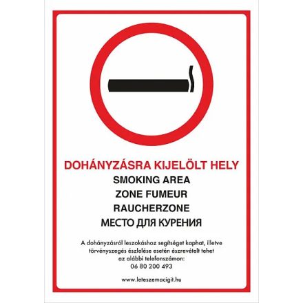 Dohányzásra kijelölt hely - 5 nyelvű tábla, utánvilágító TB-02287