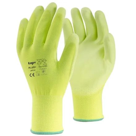 TOP FLUO-Y_PLUS PU MÁRTOTT VÉDŐKESZTYŰ, GUMÍROZOTT MANDZSETTA, FLUO SÁRGA